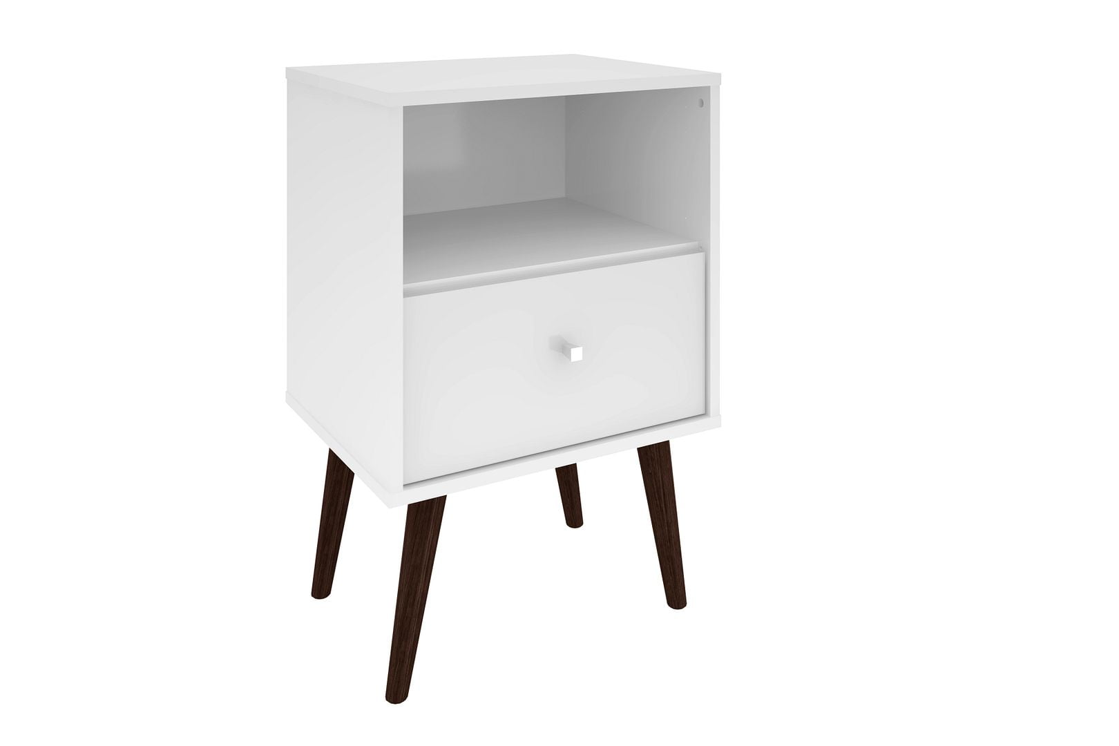 White Mid-Century Modern Nightstand with Drawer and Cubby