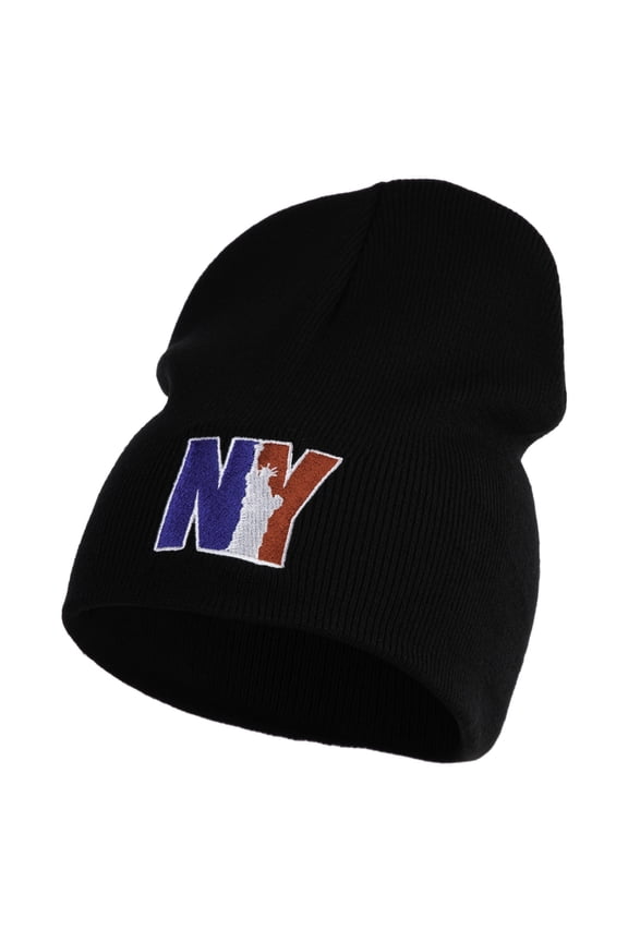 Liberty New York City Embroidered 8 Inch Solid Knit Short Beanie Made in USA - Black OSFM