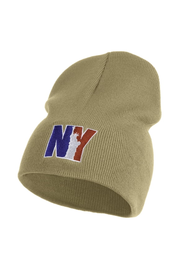 Liberty New York City Embroidered 8 Inch Solid Knit Short Beanie Made in USA - Stone OSFM
