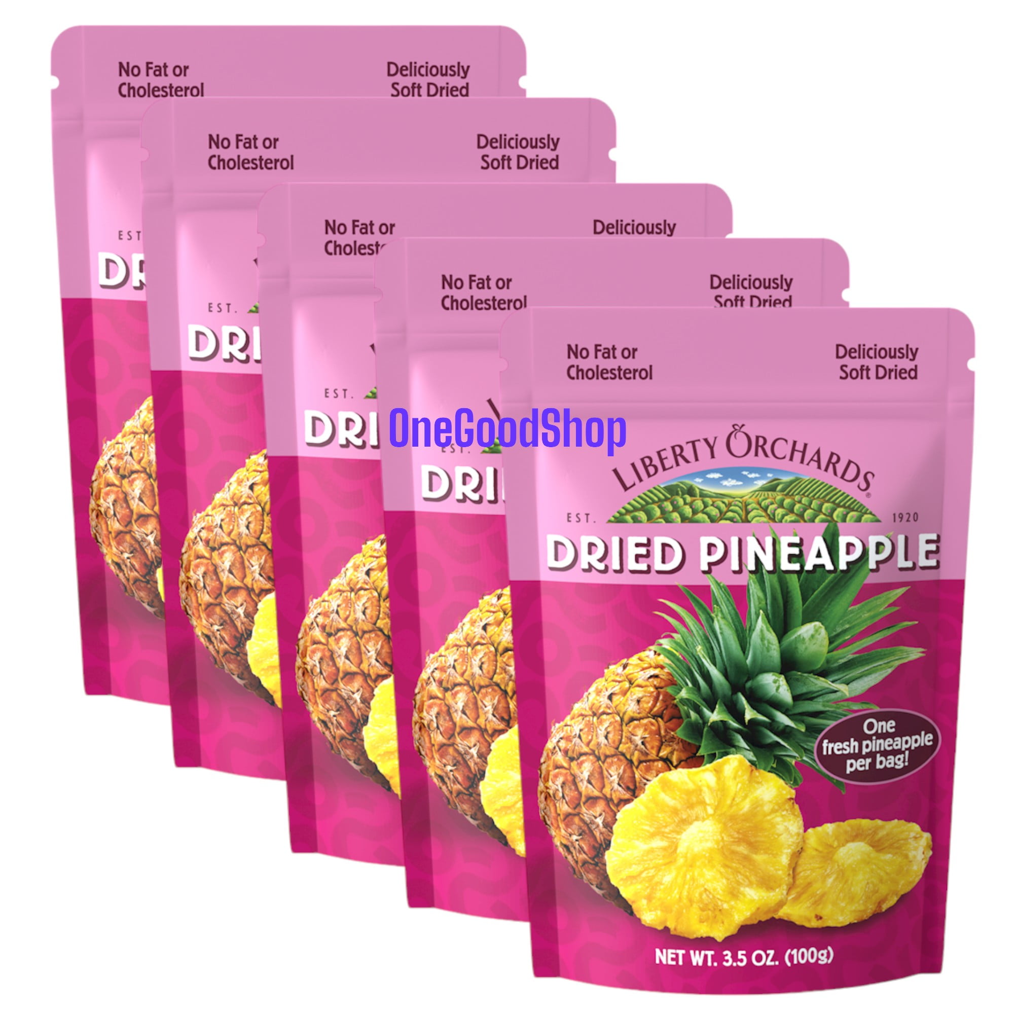 Liberty Orchard - Organic Whole Dried PINEAPPLE, 1 Fresh PINEAPPLE per Bag, NON GMO, 3.5oz/each 5 Pack