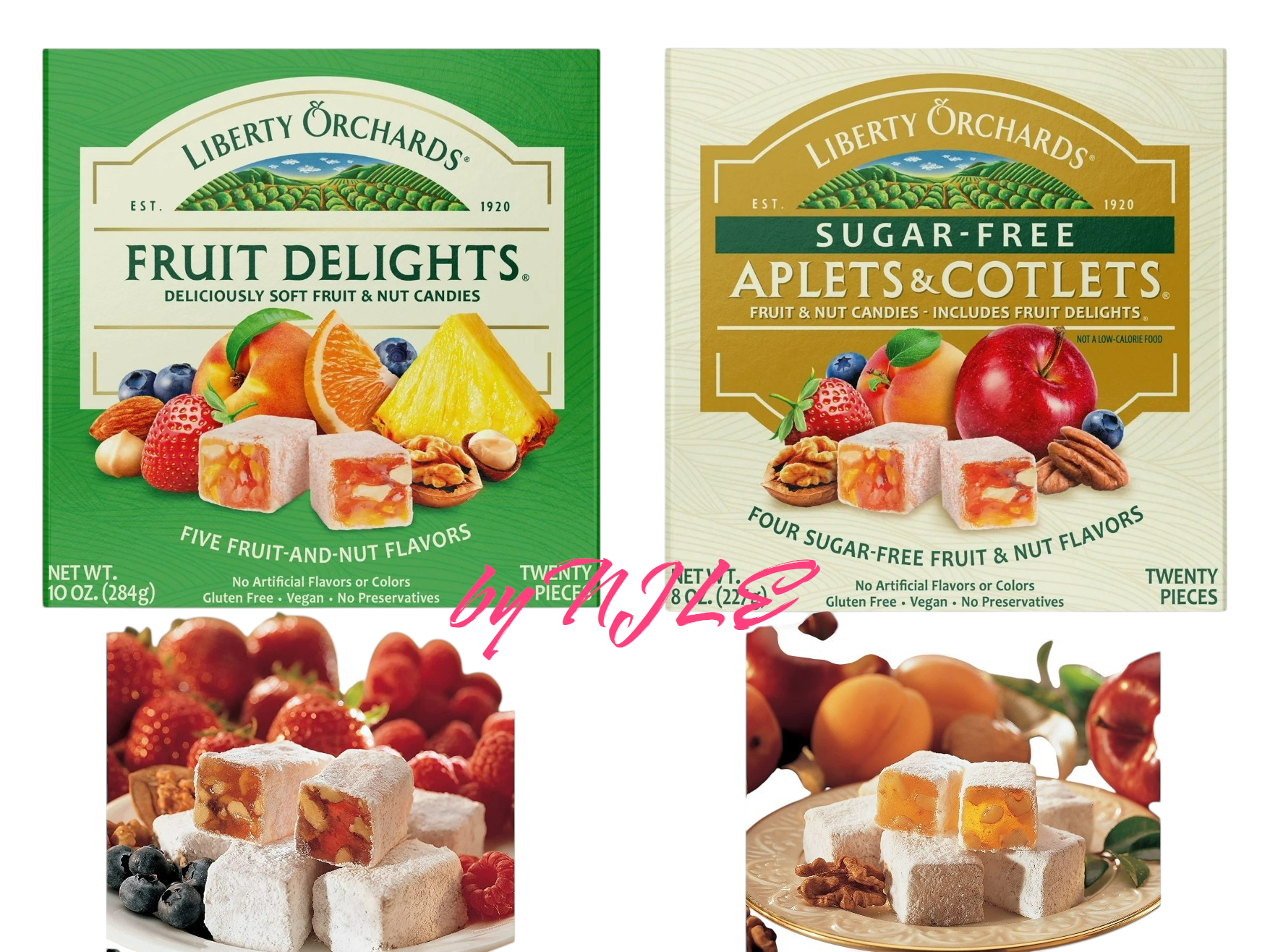 Liberty Orchards 1 Aplets & Cotlets Sugar Free 8oz, 1 Fruit Delights 10oz, 2 Pack Variety, Kosher