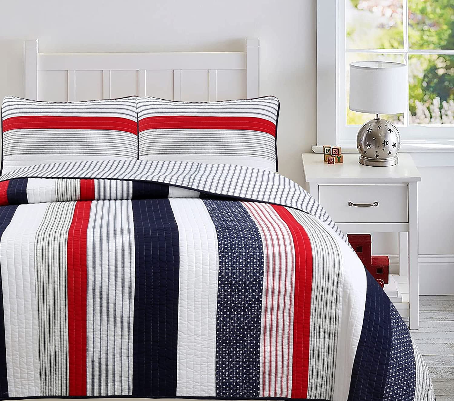 Liberty Patriotic Stripes Red Blue White Striped Patchwork Cotton Queen Quilt Bedding Set