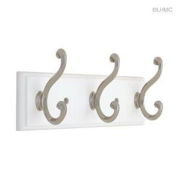 White and Satin Nickel 10" 3-Scroll Hook Wall Rack