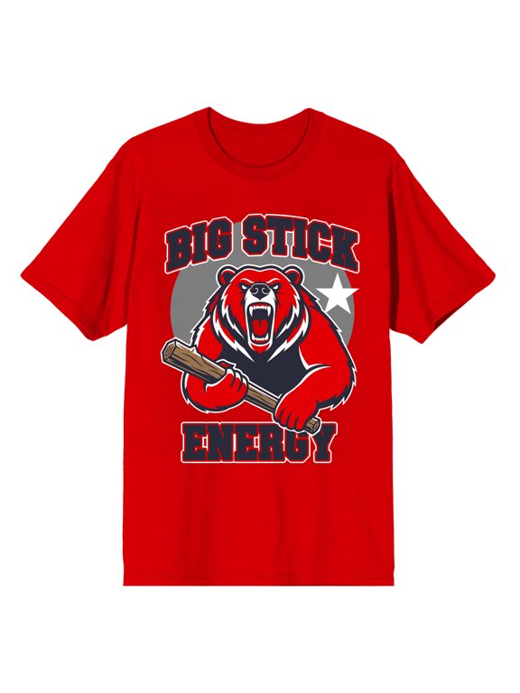 Liberty Slam Bear Big Stick Energy Adult Red Crew Neck Short Sleeve T-shirt-Large