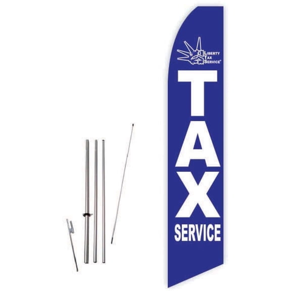 Liberty Tax Service Blue Super Novo Feather Flag - Complete with 15ft Pole Set and Ground Spike