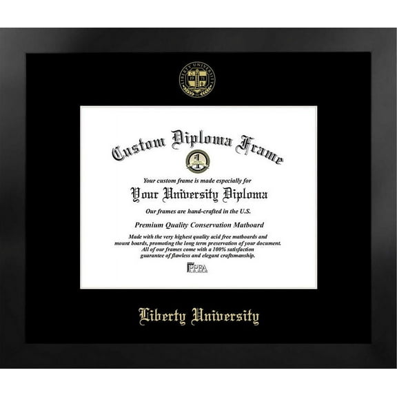 Liberty University 11w x 8.5h Manhattan Black Single Mat Gold Embossed Diploma Frame with Bonus Campus Images Lithograph (value savings at $59)