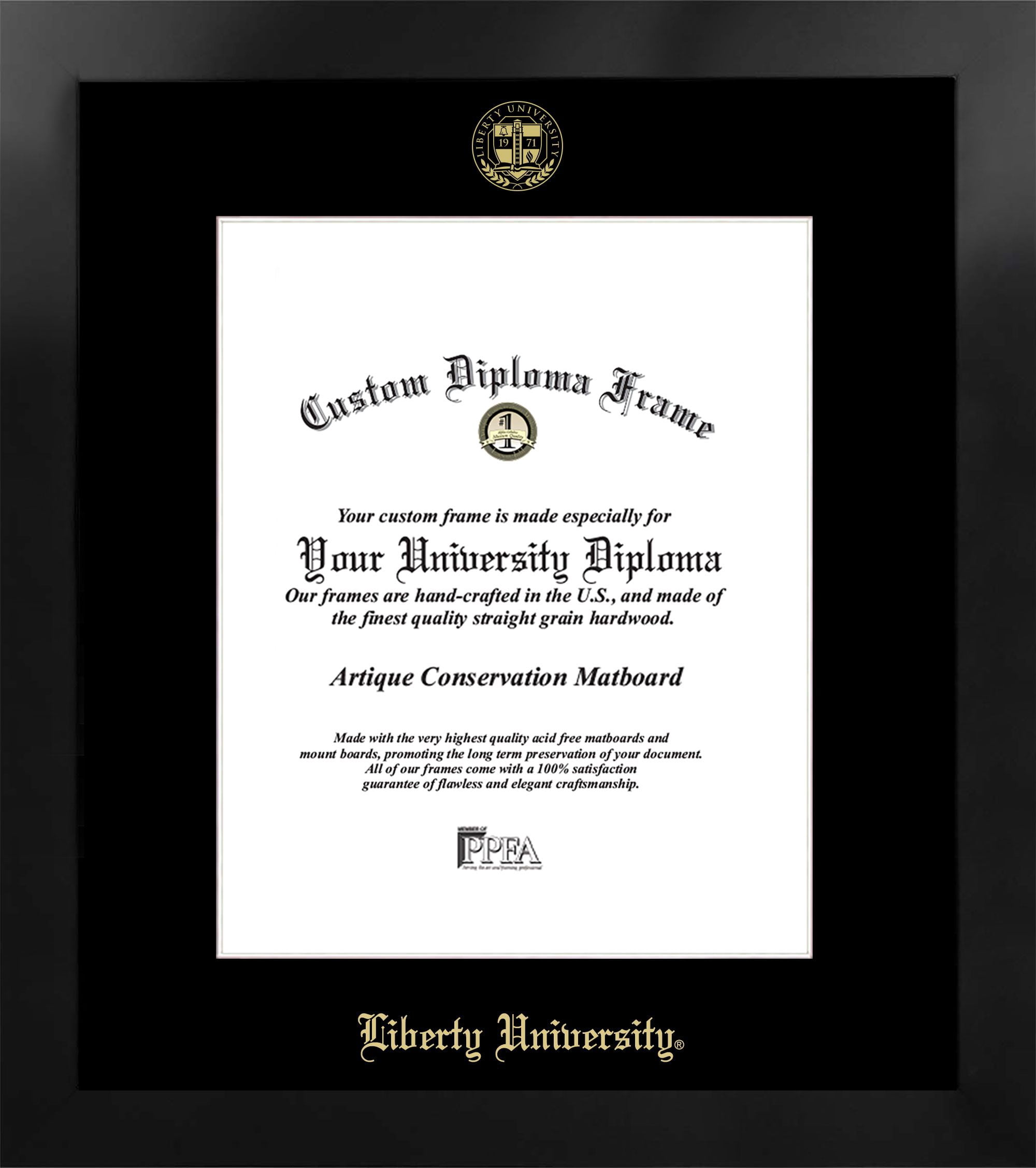 Liberty University 14w x 17h Manhattan Black Single Mat Gold Embossed Diploma Frame with Bonus Campus Images Lithograph (value savings at $59)