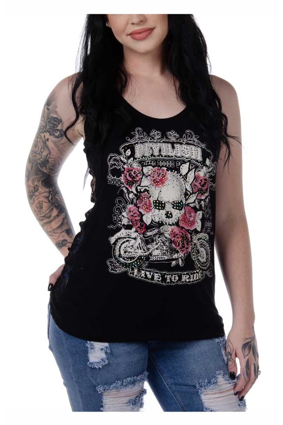 Women's Black Shadow Embellished Sleeveless Tank Top - Black (XL)