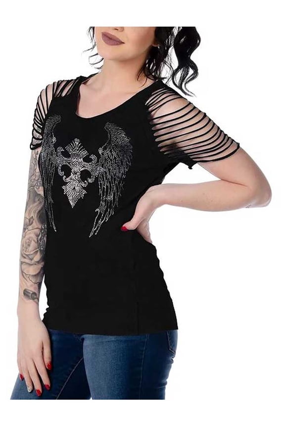 Women's Embellished Archangel Laser Cut Short Sleeve Tee (M)