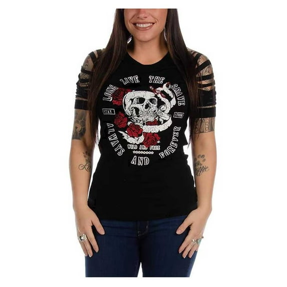 Liberty Wear Women's Embellished Brave Skull Cut Short Sleeve Tee, Black (2XL)