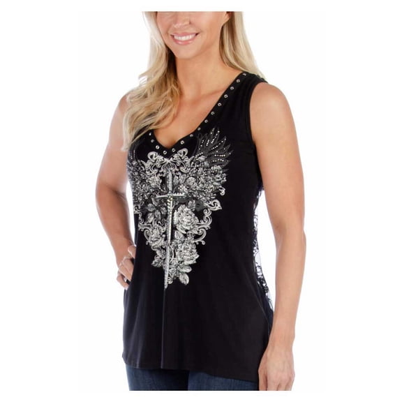 Liberty Wear Women's Embellished Plunging Dagger Sleeveless Lace Tank Top (M)
