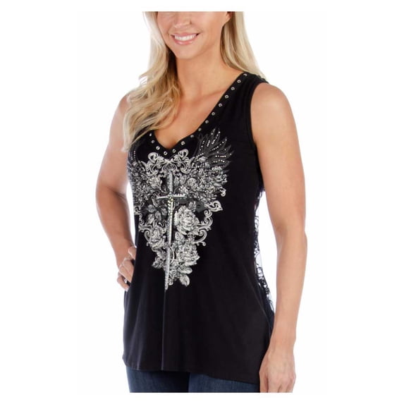 Liberty Wear Women's Embellished Plunging Dagger Sleeveless Lace Tank Top (XL)