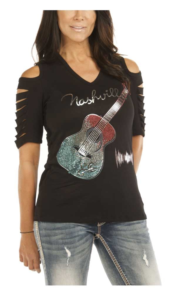 Liberty Wear Women's Nashville Beat Guitar Cold Shoulder Top Shirt