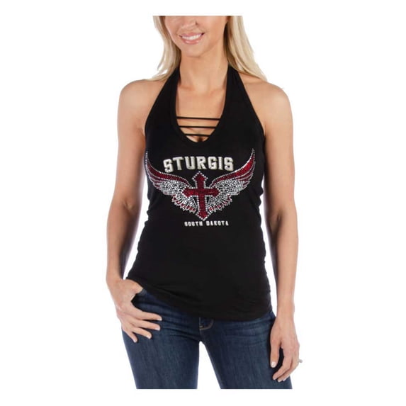 Liberty Wear Women's Sturgis Winged Stoned Embellished Halter Top - Black (2XL)