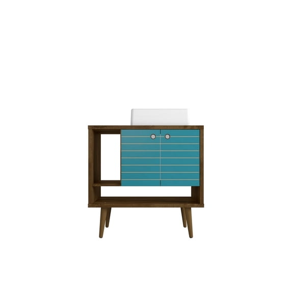Liberty Wood 32" Bathroom Vanity Sink & 2 Shelves in Rustic Brown & Aqua Blue