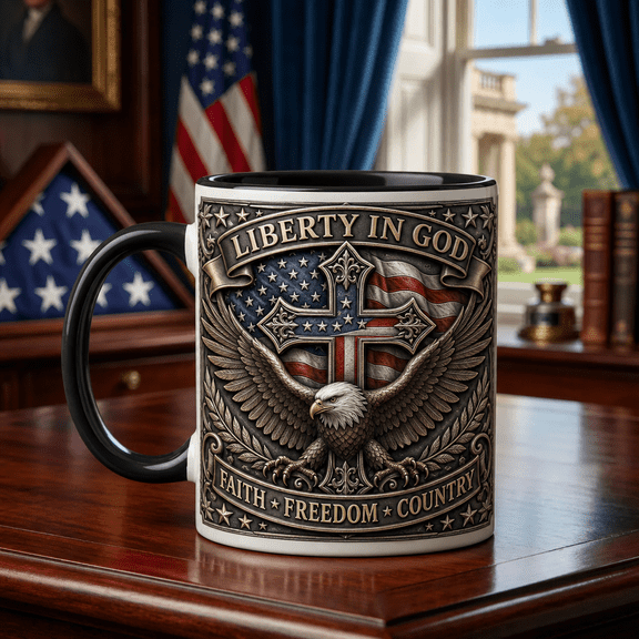 Liberty in God Mug with Black Inside, Eagle Cross Flag Coffee Cup Patriotic Gift