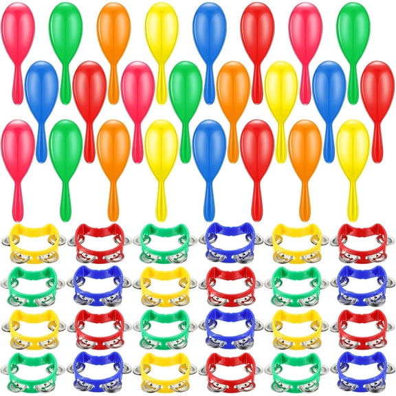 Libima 48 Pcs Shaker Musical Instruments Noise Makers Bulk Including 24 Percussion Tambourines Bell and 24 Mini Neon Maracas Shakers Handheld Tambourine Musical Rhythm Instruments Gift Party Favor