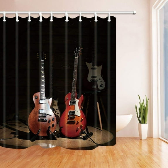 Libin 3D Digital Printing Music Decor Electric Guitars on Lighted Wooden Floor Polyester Fabric Bath Curtain, Bathroom Shower Curtain 66x72 inches
