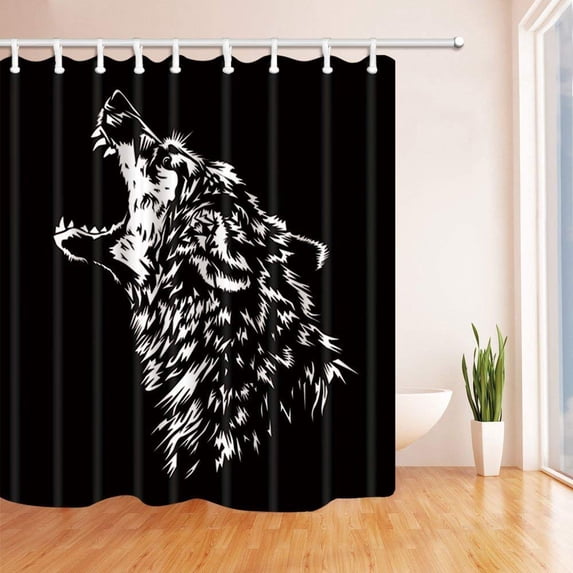 Libin Abstract Animals Decor Hand Drawn Roaring Wolf in Black Polyester Fabric Bath Curtain, Bathroom Shower Curtain 66x72 inches
