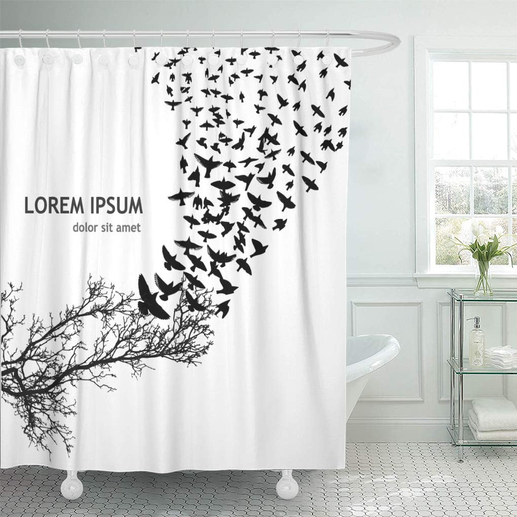 Libin Abstract Silhouette Flock of Birds Abstraction Tree Allegory Shower Curtain 66x72 inch