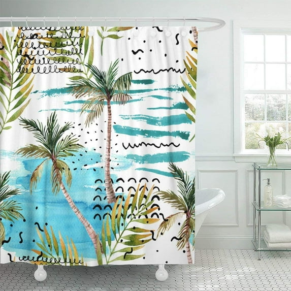 Libin Abstract Summer Natural Watercolor Palm Tree Leaf Doodle on Watercolour Splatters Polyester Shower Curtain Bathroom Decor 66x72 inches