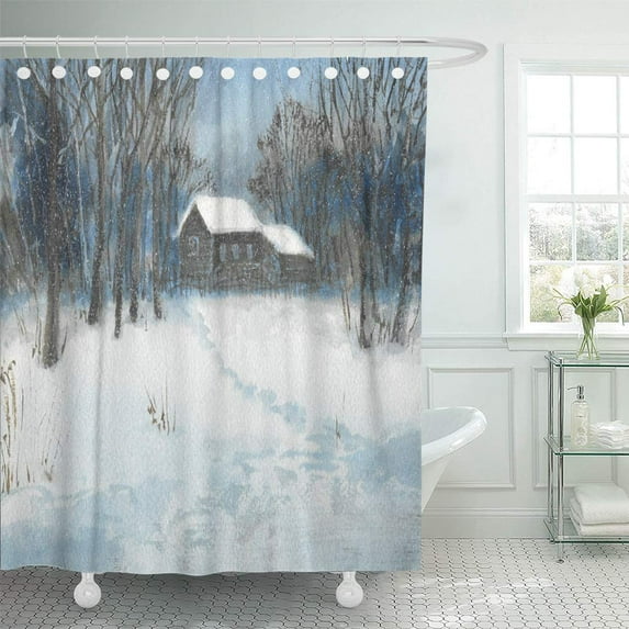 Libin Abstract Winter Landscape The House Stands Among Trees Ahead Shower Curtain 60x72 inch