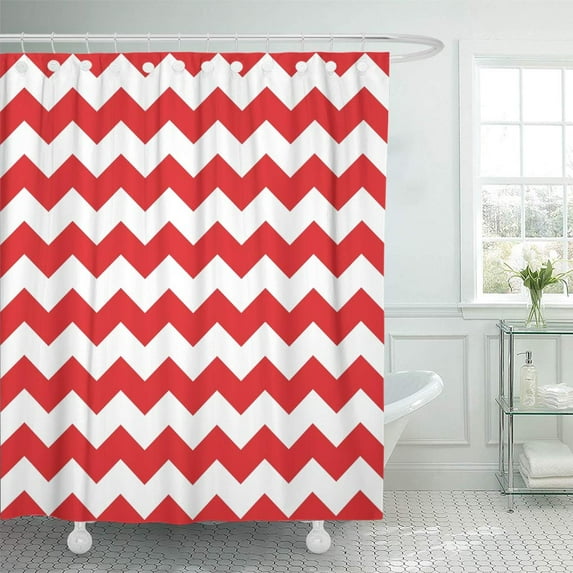Libin Abstract Zig Zag Chevron Red and White Tile Pattern Artwork Shower Curtain 60x72 inch