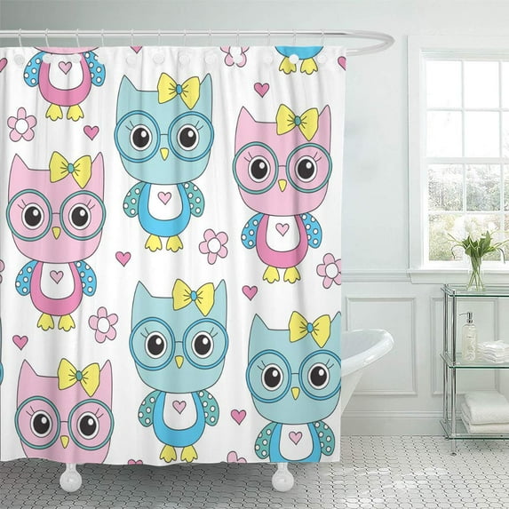 Libin Adorable Seamless Cute Owl Glasses Pattern Vector Illustration Childish Shower Curtain 66x72 inch