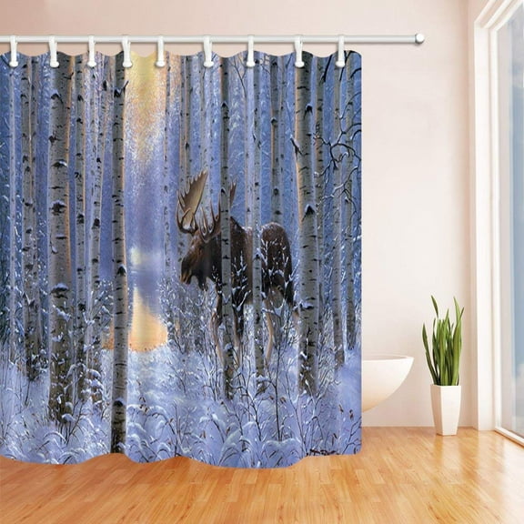 Libin American Wild Animals Moosein Moose with Snow in Birch Forest Polyester Fabric Bathroom Shower Curtain 66x72 inches