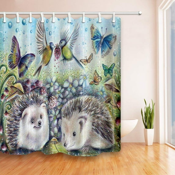 Libin Animal Decor Watercolor Hedgehog Bird Butterfly Polyester Fabric Bathroom Shower Curtain 66x72 inches