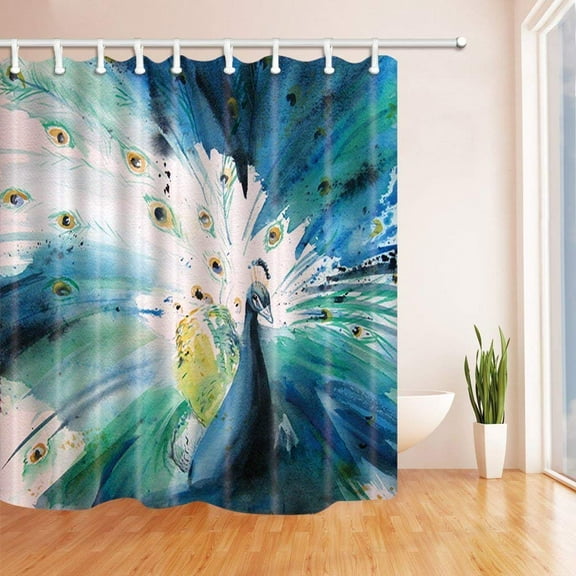 Libin Animnal Watercolor Wild Creature Blue Peacock Polyester Fabric Bath Curtain Bathroom Shower Curtain 66x72 inches
