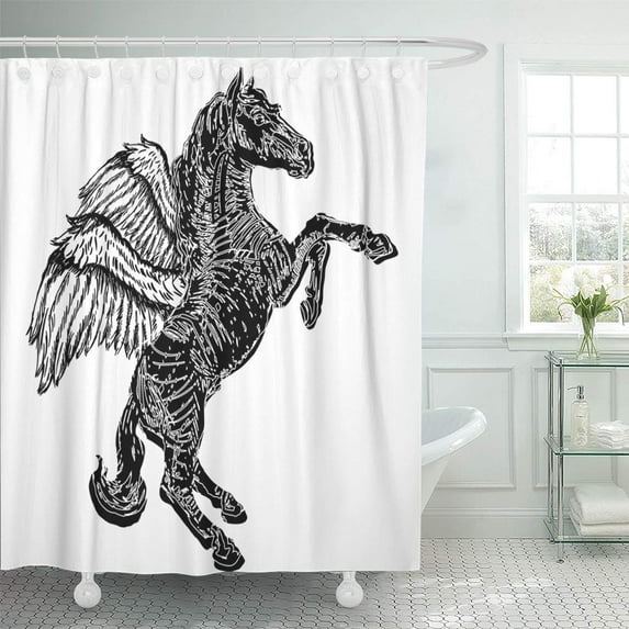 Libin Antique Black Ancient Pegasus Vintage Engraved White Creature Shower Curtain 66x72 inch