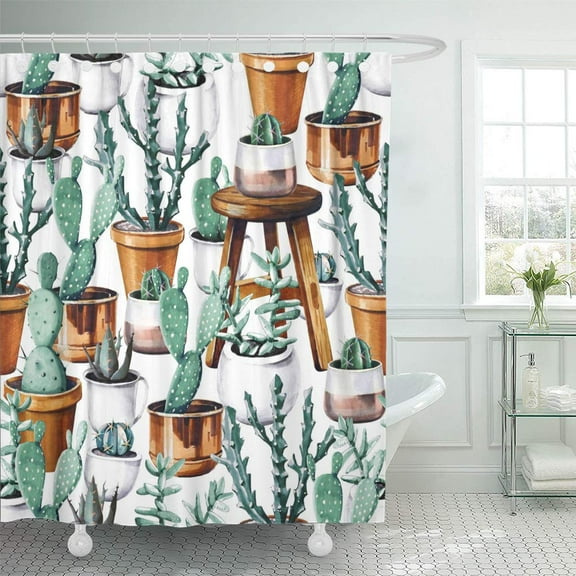 Libin Arizona Watercolor Cactus Tropical Garden Seamless Pattern Watercolour Blossom Botanical Shower Curtain 66x72 inch