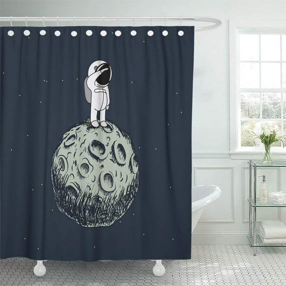 Libin Astronomy Cartoon Astronaut Standing Moon and Looking Into Infinity Shower Curtain 66x72 inch