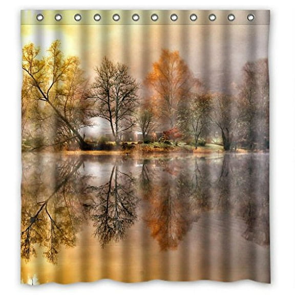 Libin Autuimn Scenery Falling Tree Lake Sunshine Shower Curtain Polyester Fabric Bathroom Decorative Curtain Size 66x72 Inches