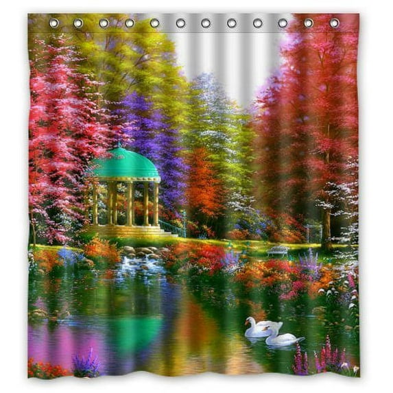 Libin Autumn Tree With Swanss Shower Curtain Polyester Fabric Bathroom Decorative Curtain Size 66x72 Inches