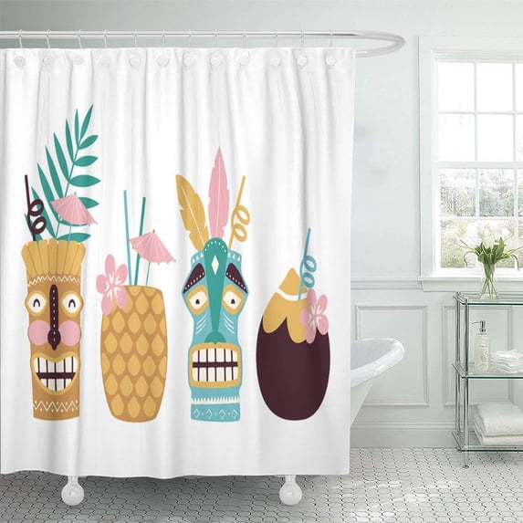 Libin Bar Colorful Drink Tiki Cocktails White Coconut Pineapple Mask Shower Curtain 60x72 inch