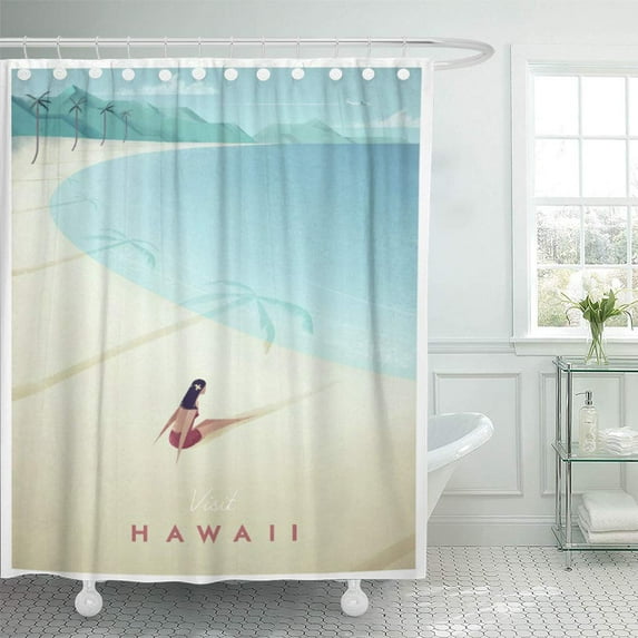Libin Beach Hawaii Vintage Travel Island United States Palm Trees Shower Curtain 66x72 inch