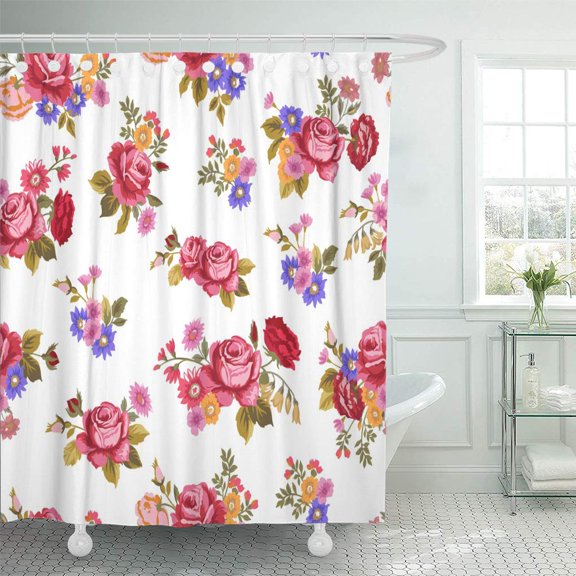 Libin Beautiful Green Abstract Classic Vintage Pattern Flower Pink Arrangement Shower Curtain 66x72 inch