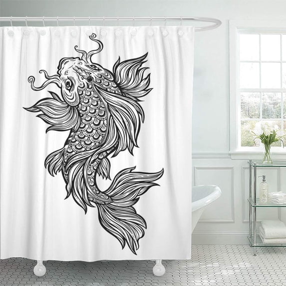 Libin Beautiful Swimming Koi Carp Fish Line Ornate Asian Shower Curtain 60x72 inch