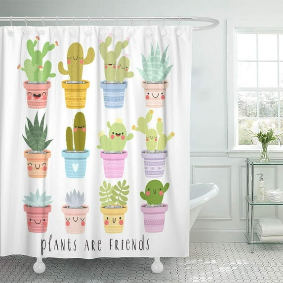Libin Big Set of Illustrations Cute Cartoon Cactus and Succulents Shower Curtain 60x72 inch