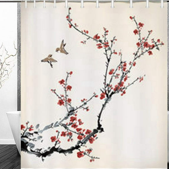 Libin Birds Winter Sweet Animals Wildlife Blossom Nature Cherry Tree Painting Shower Curtain 60x72 Inches