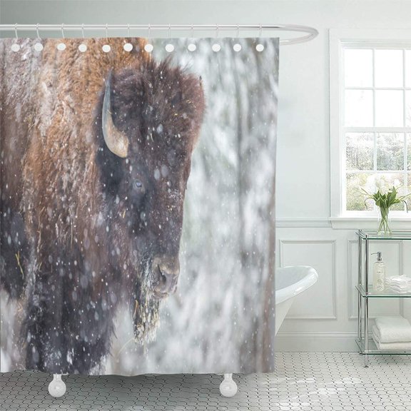 Libin Black American Bison Buffalo Resting in Snow Storm Shower Curtain 66x72 inch