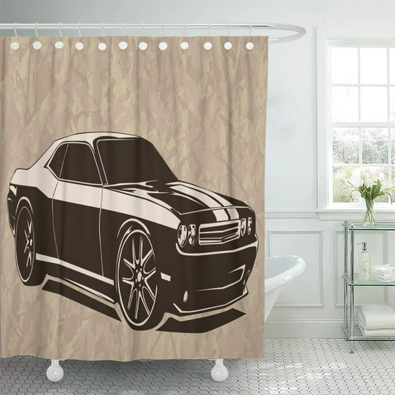 Libin Black American Old School Muscle Cars Inspired Cartoon Sketch Shower Curtain 60x72 inch