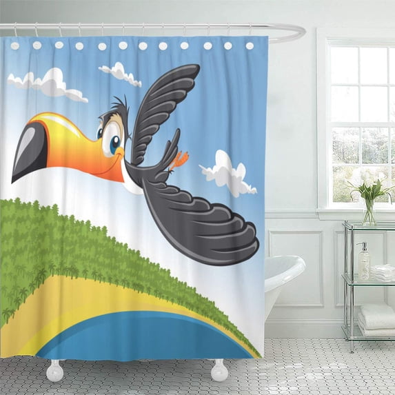 Libin Black Bird Cartoon Toucan Flying Over Beach in Brazil Shower Curtain 66x72 inch