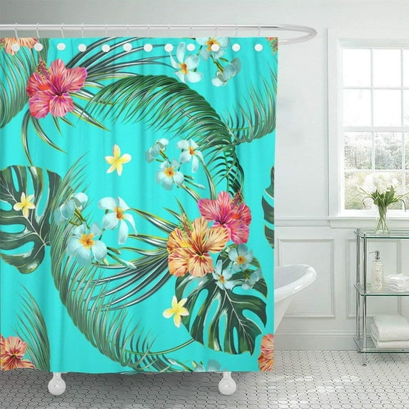 Libin Blue Beautiful Floral Summer with Tropical Flowers Palm Leaves Jungle Leaf Hibiscus Exotic Pink Shower Curtain 66x72 inch