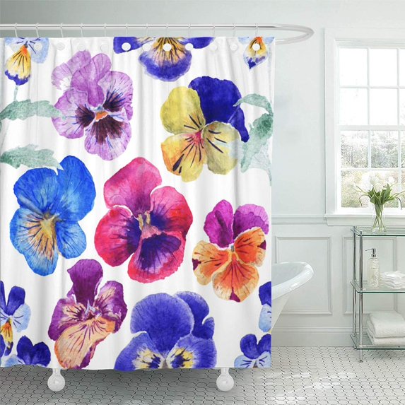 Libin Blue Botanical Watercolor of Violet Flowers Pansies Beautiful Pansy Colorful Botany Shower Curtain 66x72 inch