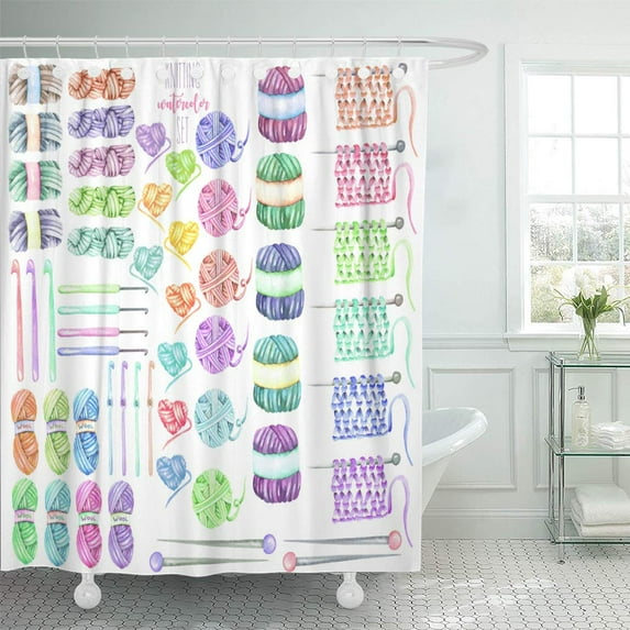 Libin Blue Drawn Collection Watercolor Knitting Yarn Needles and Crochet Shower Curtain 66x72 inch