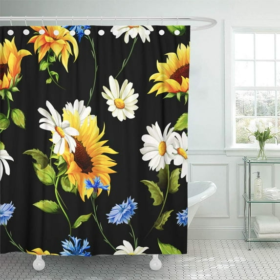 Libin Blue Floral Sunflowers Chamomile Camomile Cornflowers on Black Green Vintage Shower Curtain 60x72 inch