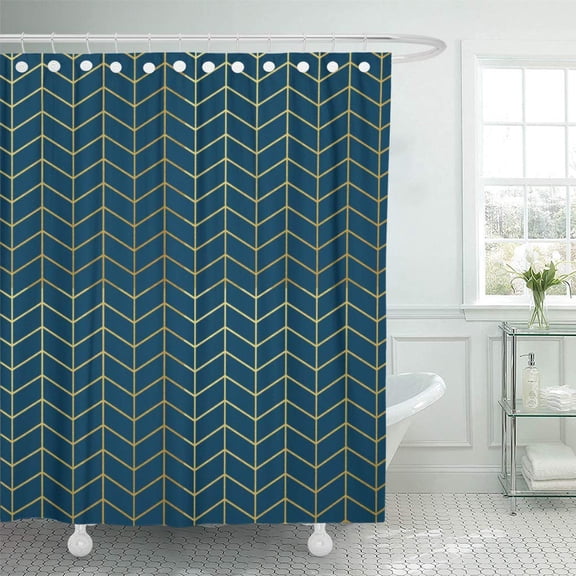 Libin Blue Modern Herringbone Pattern Faux Gold Geometric Shower Curtain 60x72 inch